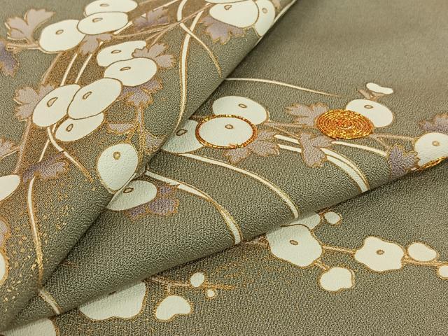 平和屋着物▽訪問着　単衣　駒刺繍　草花文　金彩　正絹　逸品　AABK3683jh