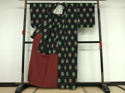 平和屋着物▽久留米絣　単衣　亀甲花文　綿　逸品　AABK3686jh