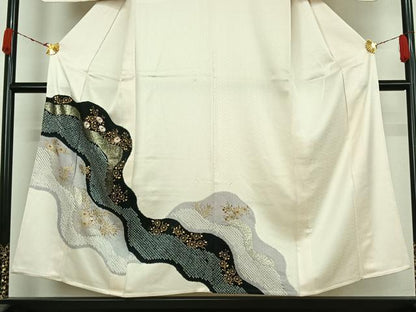 平和屋着物▽訪問着　単衣　刺繍　草花文　金銀彩　正絹　逸品　AABK3691jh