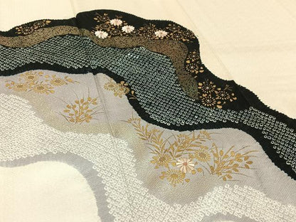 平和屋着物▽訪問着　単衣　刺繍　草花文　金銀彩　正絹　逸品　AABK3691jh