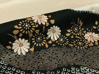 平和屋着物▽訪問着　単衣　刺繍　草花文　金銀彩　正絹　逸品　AABK3691jh