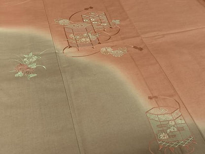 平和屋着物▽訪問着　単衣　中国三大刺繍　汕頭刺繍　スワトウ刺繍　総刺繍　紬地　貝桶花文　暈し染め　正絹　逸品　AABK3694jh