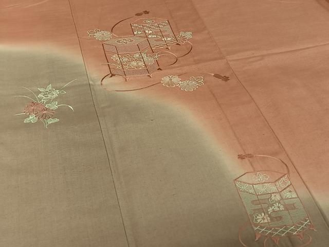 平和屋着物▽訪問着　単衣　中国三大刺繍　汕頭刺繍　スワトウ刺繍　総刺繍　紬地　貝桶花文　暈し染め　正絹　逸品　AABK3694jh