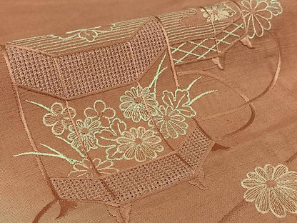 平和屋着物▽訪問着　単衣　中国三大刺繍　汕頭刺繍　スワトウ刺繍　総刺繍　紬地　貝桶花文　暈し染め　正絹　逸品　AABK3694jh