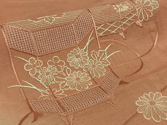 平和屋着物▽訪問着　単衣　中国三大刺繍　汕頭刺繍　スワトウ刺繍　総刺繍　紬地　貝桶花文　暈し染め　正絹　逸品　AABK3694jh
