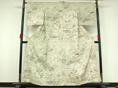 平和屋着物▽染織の名門　しょうざん  生紬　訪問着　単衣　風景花文　正絹　逸品　AABK3696jh