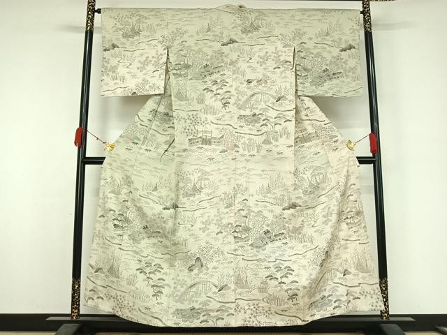 平和屋着物▽染織の名門　しょうざん  生紬　訪問着　単衣　風景花文　正絹　逸品　AABK3696jh