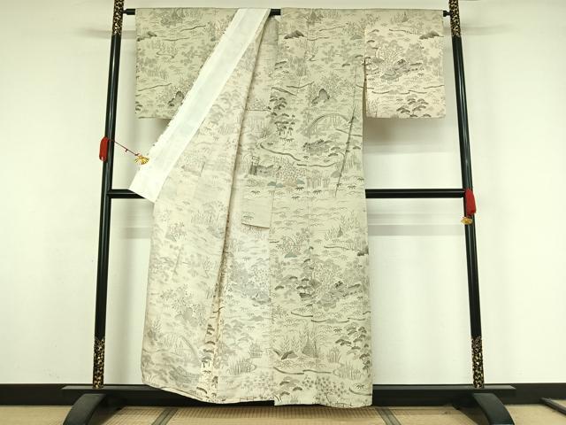 平和屋着物▽染織の名門　しょうざん  生紬　訪問着　単衣　風景花文　正絹　逸品　AABK3696jh