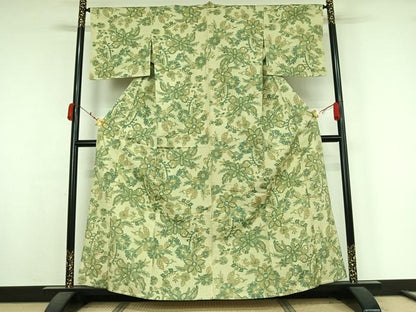 平和屋着物▽上質な紬　単衣　草花文　正絹　逸品　AABK3699jh