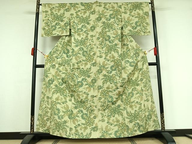 平和屋着物▽上質な紬　単衣　草花文　正絹　逸品　AABK3699jh
