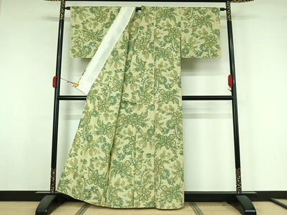 平和屋着物▽上質な紬　単衣　草花文　正絹　逸品　AABK3699jh