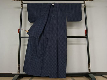 平和屋着物▽上質な紬　単衣　幾何学文様　正絹　逸品　AABK3701jh