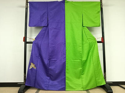 平和屋着物▽片身替わり　色無地　単衣　紅桔梗色　鶸萌黄色　ワンポイント　洗える着物　AABK3704jh
