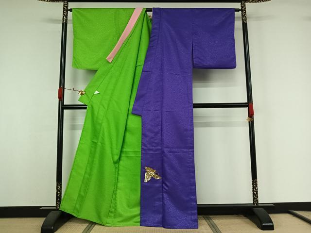 平和屋着物▽片身替わり　色無地　単衣　紅桔梗色　鶸萌黄色　ワンポイント　洗える着物　AABK3704jh