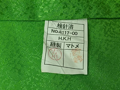 平和屋着物▽片身替わり　色無地　単衣　紅桔梗色　鶸萌黄色　ワンポイント　洗える着物　AABK3704jh