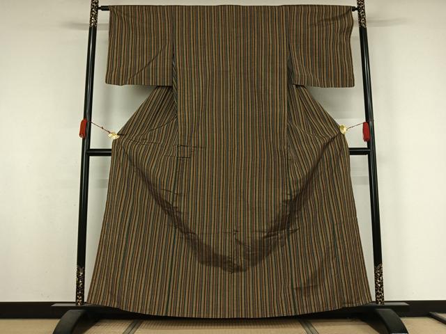 平和屋着物▽上質な紬　単衣　縞　正絹　逸品　AABK3706jh