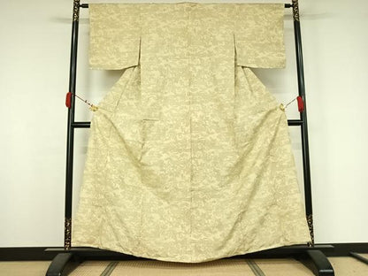平和屋着物▽上質な紬　単衣　草花文　正絹　逸品　AABK3710jh