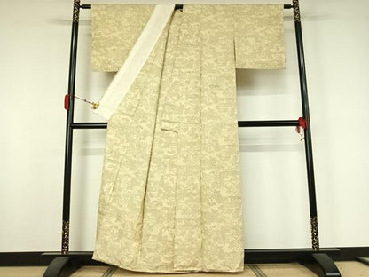 平和屋着物▽上質な紬　単衣　草花文　正絹　逸品　AABK3710jh