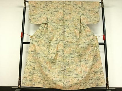 平和屋着物▽上質な紬　単衣　扇面花文　正絹　逸品　AABK3711jh