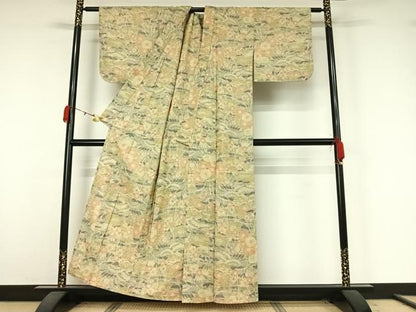 平和屋着物▽上質な紬　単衣　扇面花文　正絹　逸品　AABK3711jh