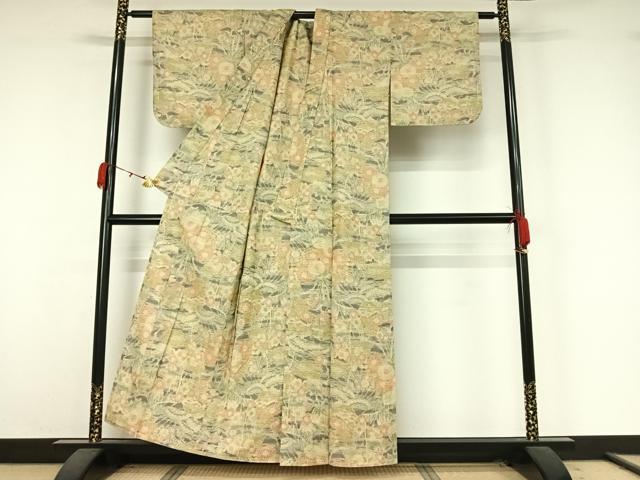 平和屋着物▽上質な紬　単衣　扇面花文　正絹　逸品　AABK3711jh