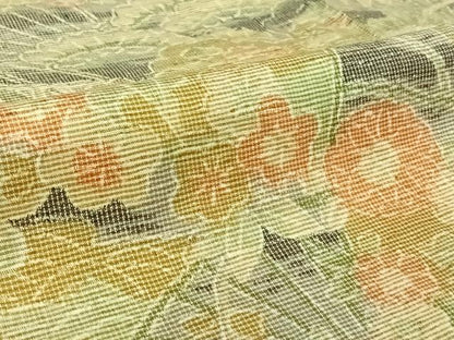 平和屋着物▽上質な紬　単衣　扇面花文　正絹　逸品　AABK3711jh