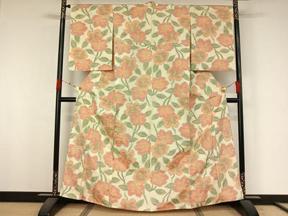 平和屋着物▽上質な紬　単衣　草花文　正絹　逸品　AABK3714jh