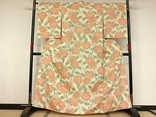 平和屋着物▽上質な紬　単衣　草花文　正絹　逸品　AABK3714jh