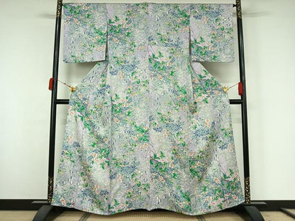 平和屋着物▽上質な小紋　単衣　手描き　草花文　正絹　逸品　AABK3716jh