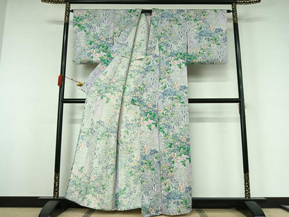 平和屋着物▽上質な小紋　単衣　手描き　草花文　正絹　逸品　AABK3716jh