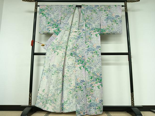 平和屋着物▽上質な小紋　単衣　手描き　草花文　正絹　逸品　AABK3716jh