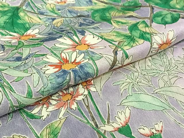 平和屋着物▽上質な小紋　単衣　手描き　草花文　正絹　逸品　AABK3716jh