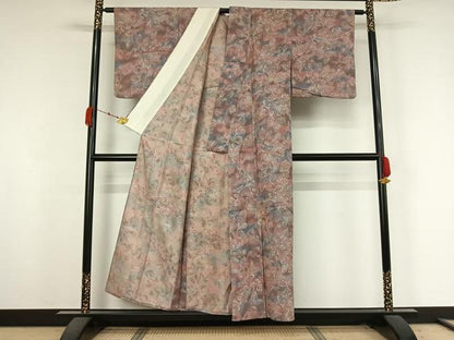 平和屋着物▽お召　単衣　草花文　正絹　逸品　AABK3717jh
