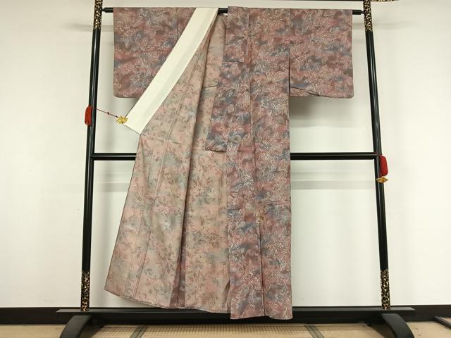 平和屋着物▽お召　単衣　草花文　正絹　逸品　AABK3717jh