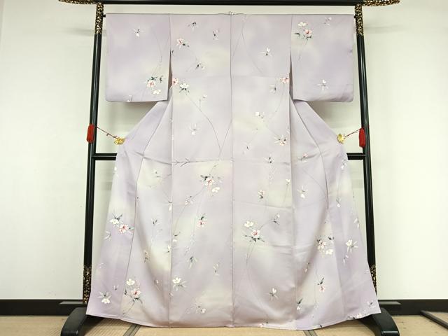 平和屋着物▽上質な小紋　単衣　手描き　草花文　暈し染め　正絹　逸品　AABK3718jh