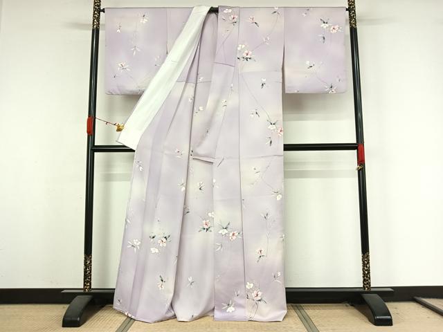 平和屋着物▽上質な小紋　単衣　手描き　草花文　暈し染め　正絹　逸品　AABK3718jh