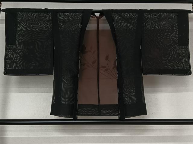 平和屋着物▽羽織　スリーシーズン　春夏秋　塵除け　草花文　黒地　正絹　逸品　未使用　AABK3720jh