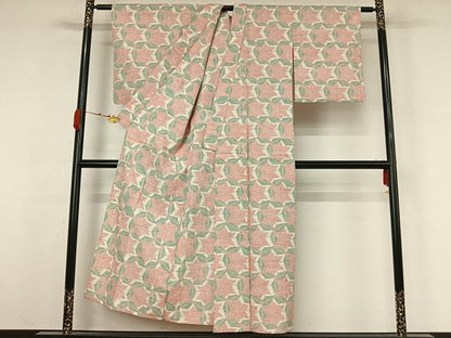 平和屋着物▽上質な紬　単衣　麻の葉文様　正絹　逸品　AABK3721jh