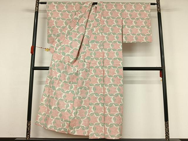 平和屋着物▽上質な紬　単衣　麻の葉文様　正絹　逸品　AABK3721jh
