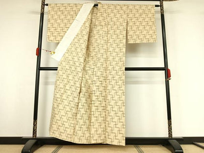 平和屋着物▽上質な紬　単衣　幾何学文様　正絹　逸品　AABK3727jh