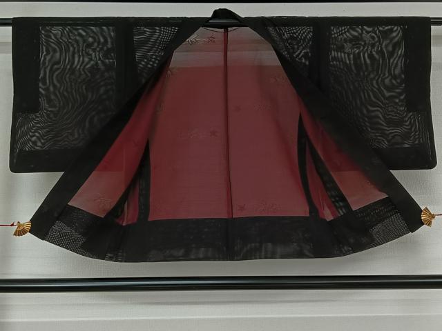 平和屋着物▽羽織　スリーシーズン　春夏秋　塵除け　舞葉文　黒地　正絹　逸品　AABK3728jh