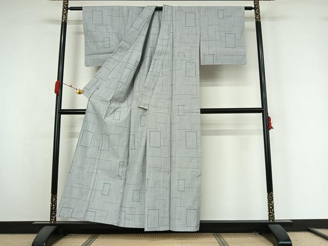 平和屋着物▽上質な紬　単衣　幾何学文様　松坂屋扱い　正絹　逸品　AABK3730jh