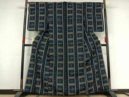 平和屋着物▽上質な紬　単衣　幾何学花文　正絹　逸品　AABK3731jh
