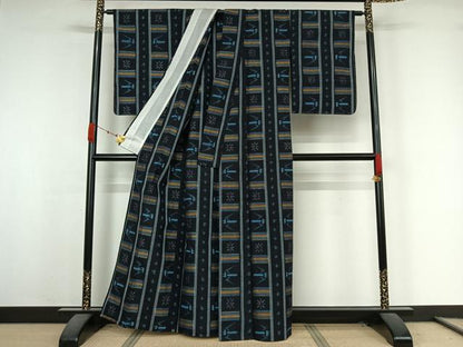平和屋着物▽上質な紬　単衣　幾何学花文　正絹　逸品　AABK3731jh