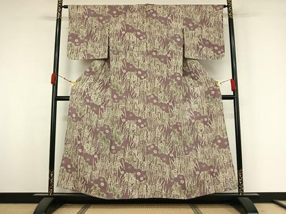 平和屋着物▽上質な小紋　単衣　型染め　草花文　正絹　逸品　未使用　AABK3735jh