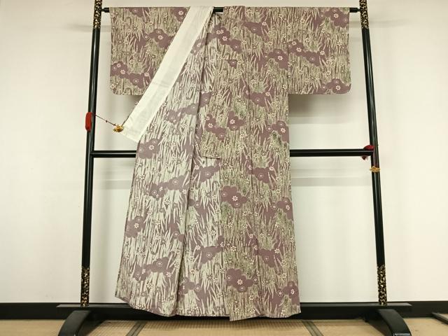 平和屋着物▽上質な小紋　単衣　型染め　草花文　正絹　逸品　未使用　AABK3735jh