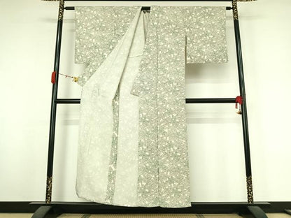 平和屋着物▽上質な小紋　単衣　草葉文　正絹　逸品　AABK3736jh