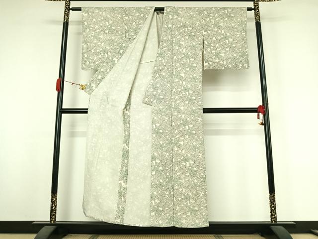 平和屋着物▽上質な小紋　単衣　草葉文　正絹　逸品　AABK3736jh