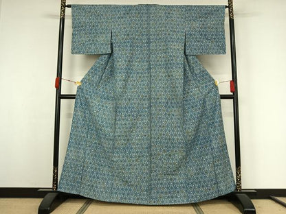 平和屋着物▽上質な小紋　単衣　紬地　藍　花唐草文　正絹　逸品　AABK3738jh