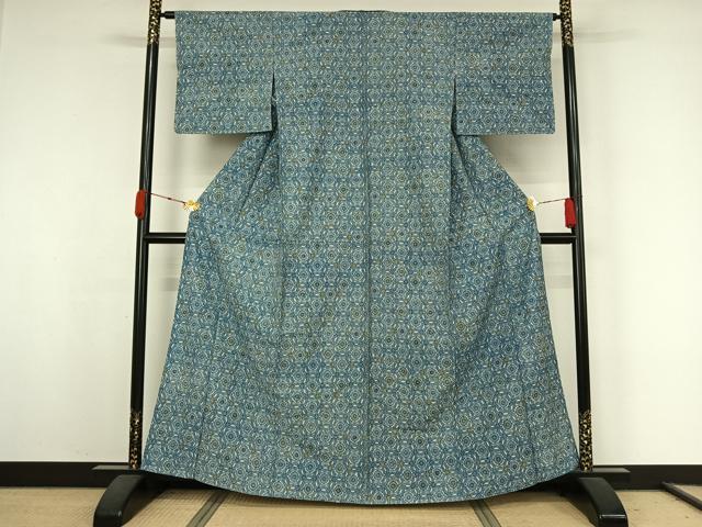 平和屋着物▽上質な小紋　単衣　紬地　藍　花唐草文　正絹　逸品　AABK3738jh